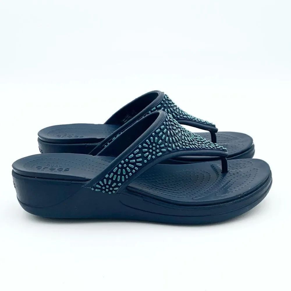 Crocs blue and green wedge rubber sandals women’s size 10